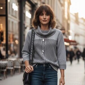 Cozycore Grey Blue Chevron Cowl Neck Knit Sweater 3/4 Sleeve Size XL